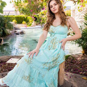 Boho‎ Maxi Dress Blue Gold Floral Beach Resort Spaghetti Strap Sundress